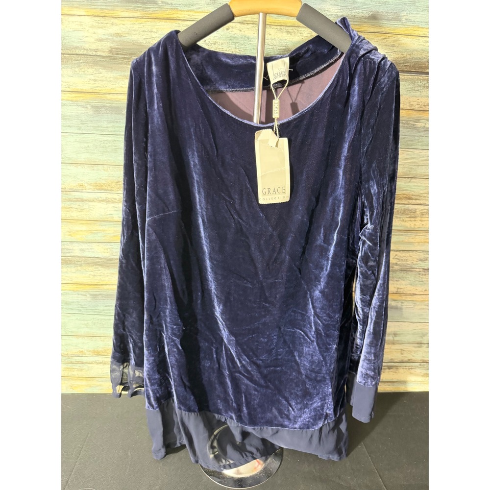 Grace Collection Velvet Blouse 14 Navy Blue NEW Sheer Trim Scoop Neck Top